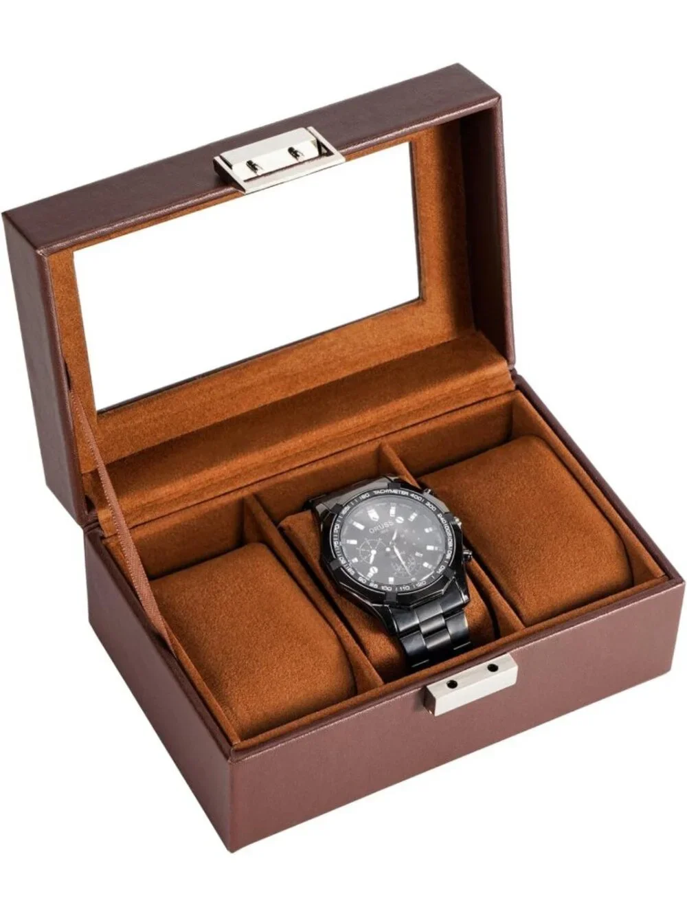 3-Slot Men's Watch Display Case, Elegant Espresso Watch Box for Collectors